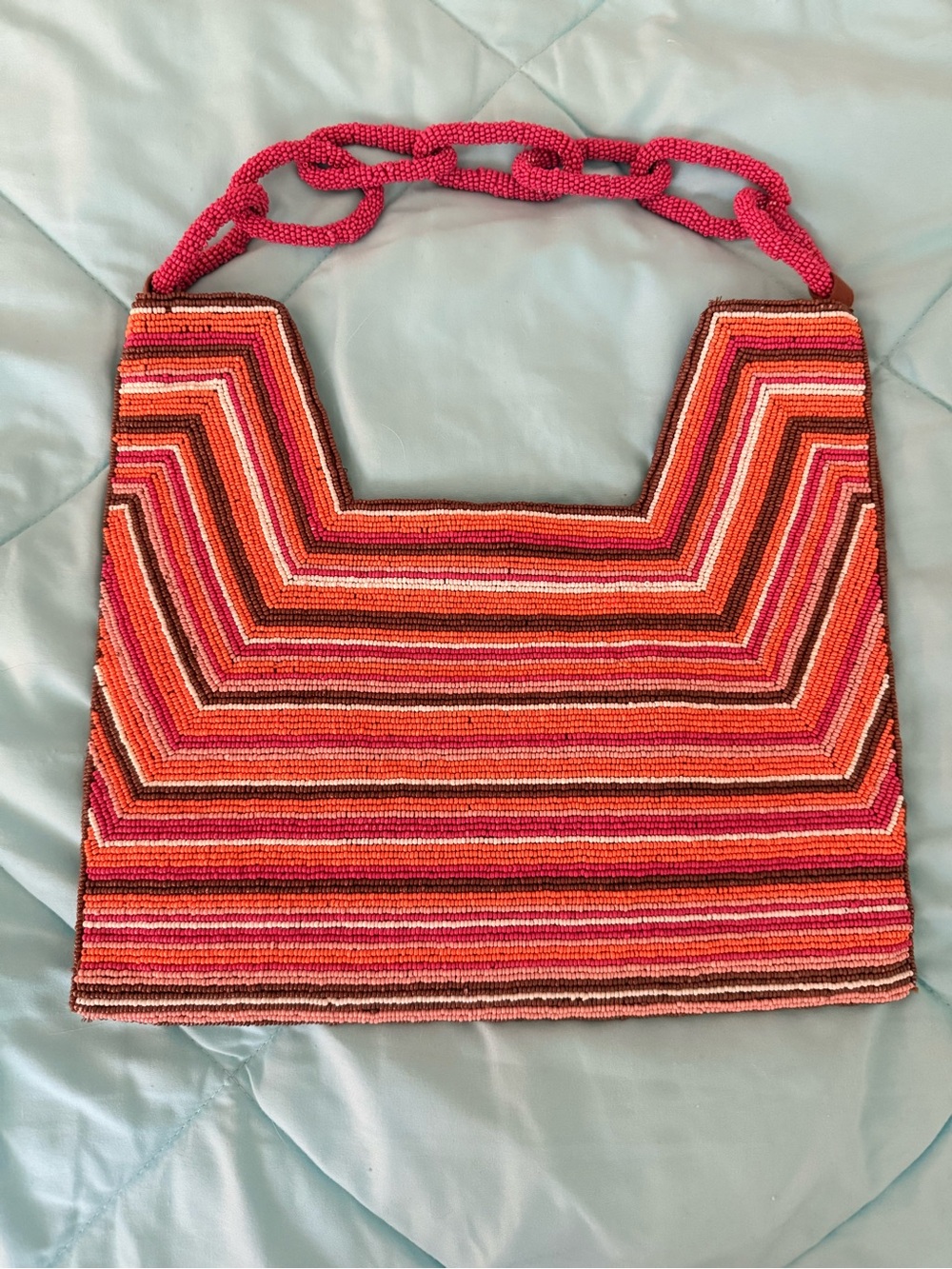 Anthropologie Hand-Beaded Pink and Orange Chain-Handle Tote